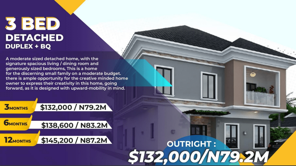 average house price in Nigeria: 3 Bed Detached Duplex + BQ